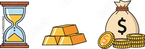Financial Wealth and Time Management Icon Set Featuring an Hourglass Gold Bars Money Bag and Stacks of Gold Dollar Coins Vector