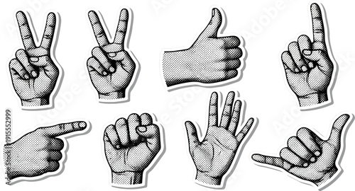 Collection of hand gestures in a vintage, dot-art style, on a white background
