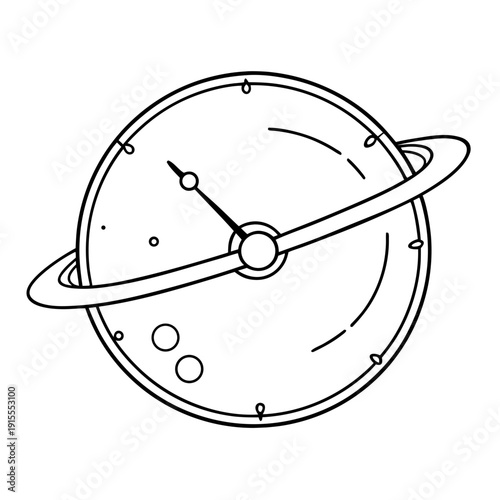 A planet with a dial and rings in the style of a minimalist sketch in black and white, symbolizing space time and space exploration using copy space