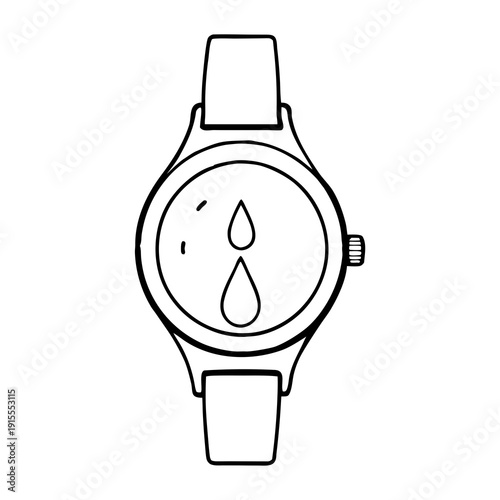 A minimalistic sketch of a wristwatch with a water symbol in the style of linear graphics, black and white, represents the concept of water resistance or conscious time