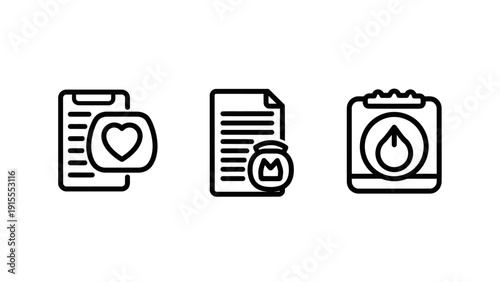 Line art icons for health, documents, and utilities: phone with heart, document with money symbol, clipboard with droplet. Simple vector graphics for medical, finance, and service sectors.