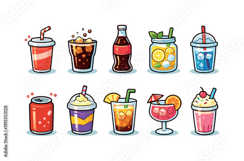 Beverage and drink icon set. Flat juice, soda, and cocktail icons collection