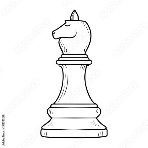 A chess knight piece in the style of a simple sketch in black and white, representing a strategic game and an intellectual challenge with space to copy