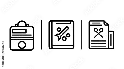 Business and Financial Management Icons Featuring ID Identification, Discount Vouchers, and Document Processing Concepts for Administration