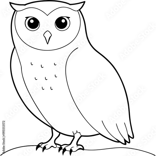 A wise owl with big eyes, a graphic black-and-white drawing, a symbol of nocturnal wisdom and mystery, for the design of educational materials and themed events