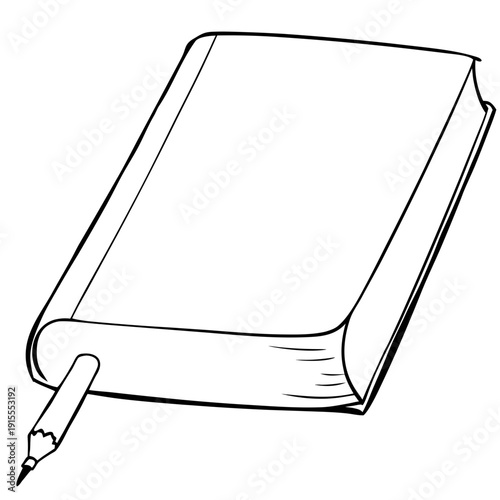 A closed textbook and pencil in the style of a simple sketch in black and white, representing school education and written literature with space for copying