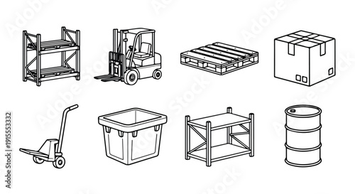 Various industrial equipment and storage solutions illustrated in black and white Vector
