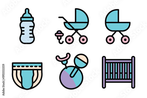Baby Icons: Bottle, Stroller, Diaper, Cradle, Pacifier