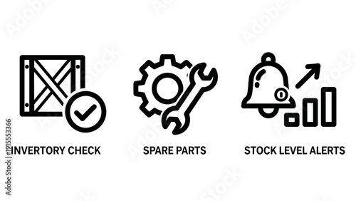 Inventory Management, Spare Parts, and Stock Level Alert Icons for Logistics and Supply Chain Systems
