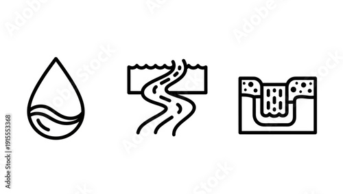 Simple Black Outline Icons Depicting Water Drop, River Flow, and Underground Filtration Concepts
