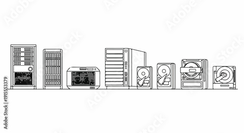 Illustrations of various electronic devices and appliances in a row Vector