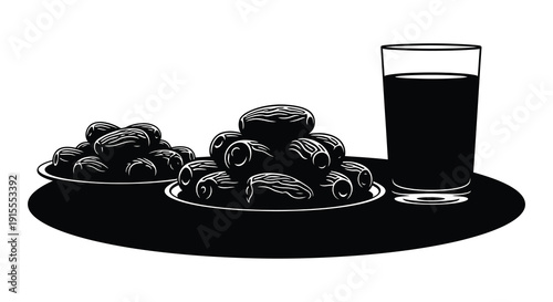 A black and white illustration depicts a plate of dates alongside a tall glass of dark liquid presented on a circular tray silhouette