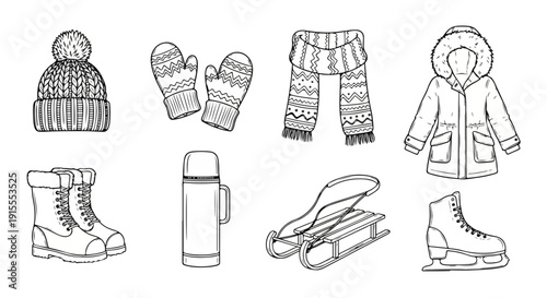 An assortment of winter clothing and accessories for outdoor activities Vector