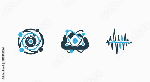 Abstract Science and Technology Vector Icons: Orbital Atom Model, Atom within a Brain for Neuroscience, and a Dynamic Sound Wave for Audio or Data.