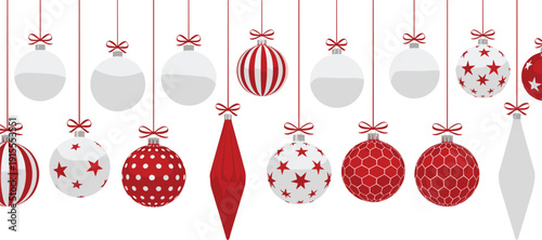 Red and white Christmas hanging ornaments decoration set, festive holiday baubles background, winter celebration design, isolated vector illustration