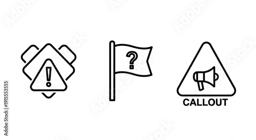 Warning Alerts, Question Mark Flags, and Callout Megaphone Icons for Notifications and Communication