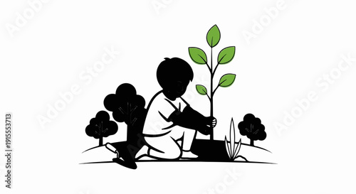 Child planting a seedling amidst stylized trees and grass