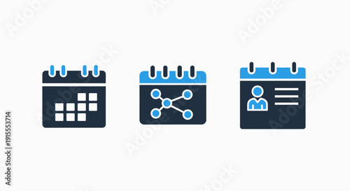 Modern Calendar and Scheduling Icons: Event Planning, Network Connections, and Personal Profile on Blue and Grey for Digital Organization.