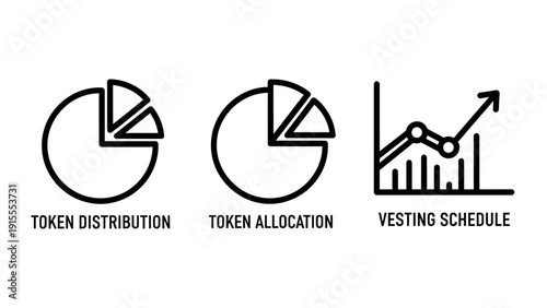 Financial icons for token distribution, allocation, and vesting schedule with pie charts and growth graph, symbolizing cryptocurrency and investment