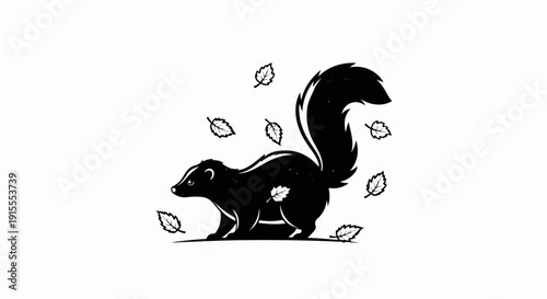 Black skunk illustration with scattered leaves on a white background
