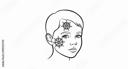 Child face with snowflakes on cheeks, simple outline drawing