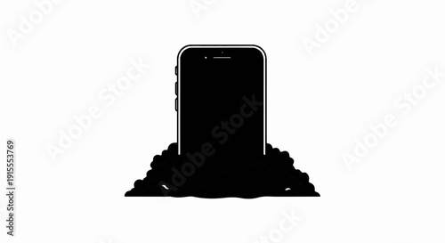 Black smartphone sinking into a pile of black abstract shapes on white