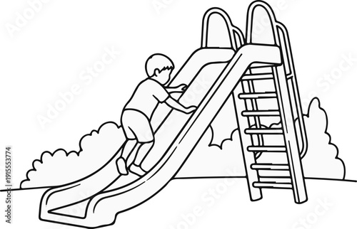 Child climbing up a playground slide, surrounded by bushes