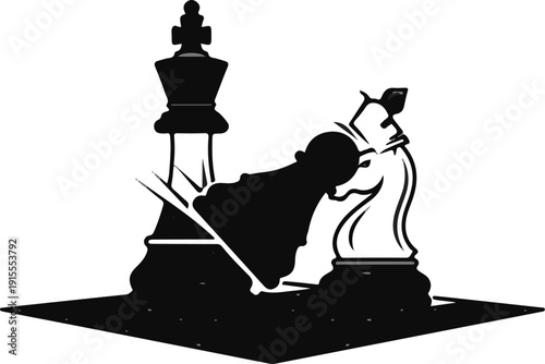 Chess pieces, a fallen pawn between a king and a knight on a checkered board