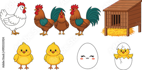 Farm Chicken Life Cycle and Poultry Illustration Set with Rooster, Hen, Chicks, Egg, and Coop for Agriculture, Farming Education, and Animal Design Projects