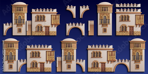 Set of stylized ancient Middle Eastern buildings in paper cut style. Perfect for games, travel guides, architecture projects, or historical infographics. Hand drawn vector illustration