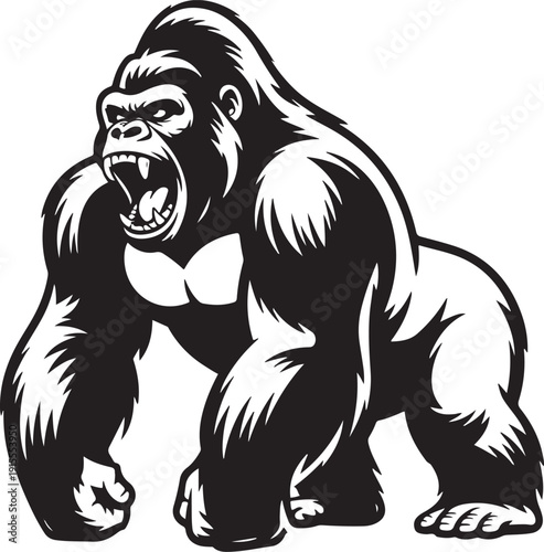 Fierce gorilla standing in aggressive pose with open mouth showing strength and power for sports logos