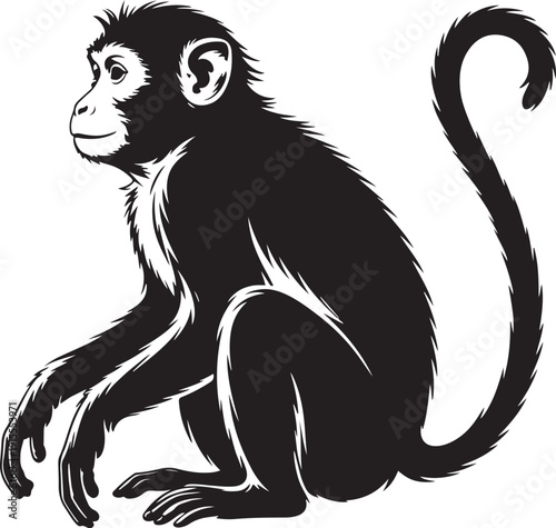 Curious monkey sitting in side profile view with long curled tail for nature and wildlife education