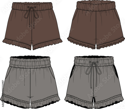 Bild auf Leinwand Vector Technical Sketch of Women's High-Waisted Lounge Shorts with Ruffle Hem Dr