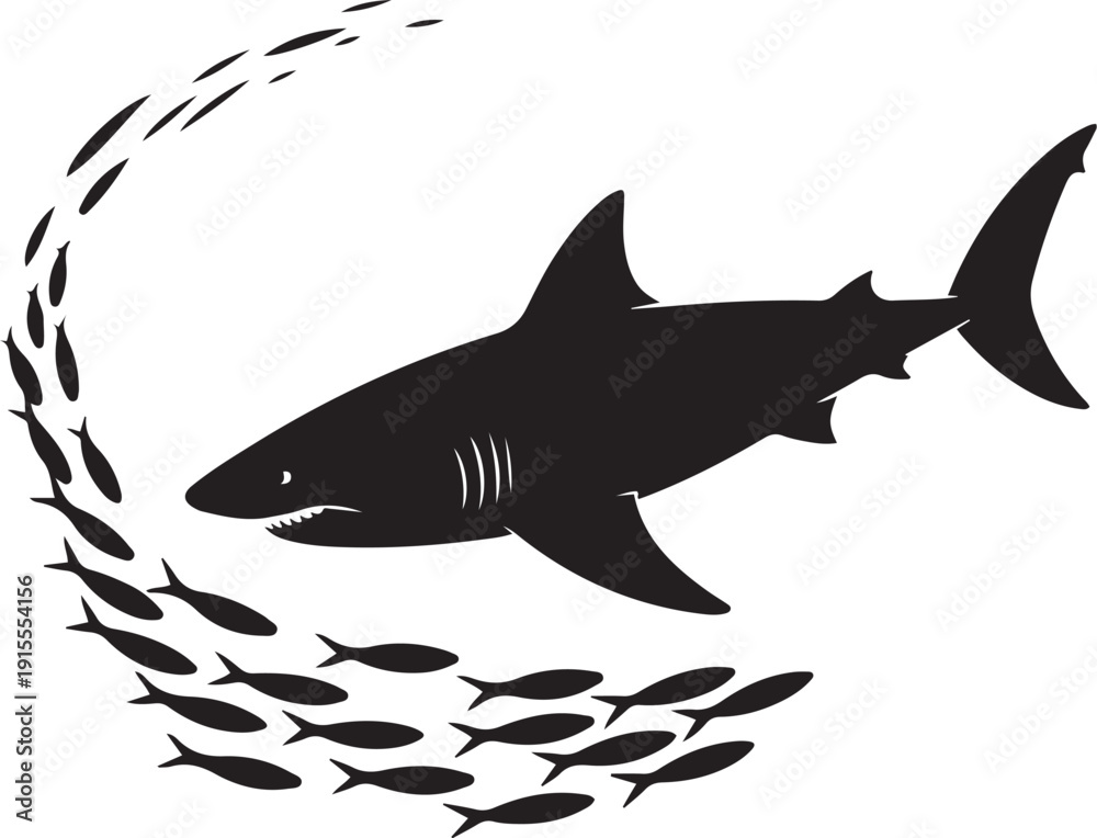 Fototapeta premium Shark hunting small fish in ocean, marine predator with prey school, underwater scene