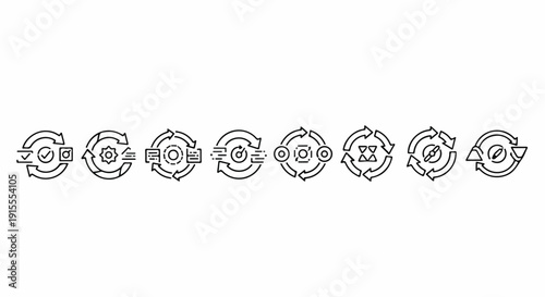 A collection of various gear and cogwheel designs in a row. Vector