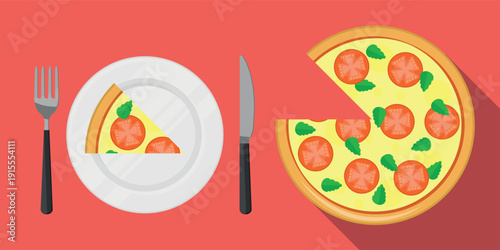Flat Design Illustration of a Margarita Pizza with a Slice Served on a Plate, Knife, and Fork on a Red Background. Ideal for Pizzerias or Food Designs.