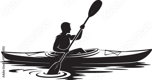 Man paddling kayak silhouette on water with ripples and paddle movement