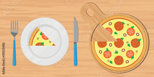 Flat Design Illustration of a Classic Pizza with a Single Slice Served on a Plate, Knife, and Fork on a Wooden Table. Perfect for Menu or Food-Themed Projects.