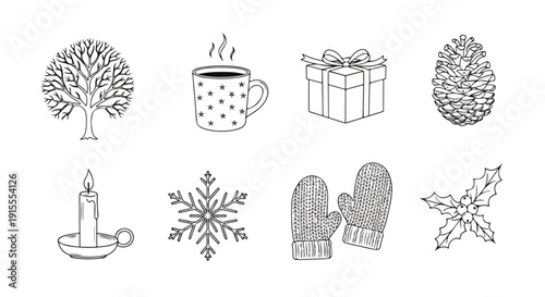 A collection of black and white illustrations depicting various seasonal themes and objects Vector