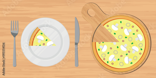 Flat Design Illustration of a Mushroom Pizza with a Single Slice Served on a Plate, Knife, and Fork on a Wooden Table. Perfect for Menu or Food-Themed Projects.