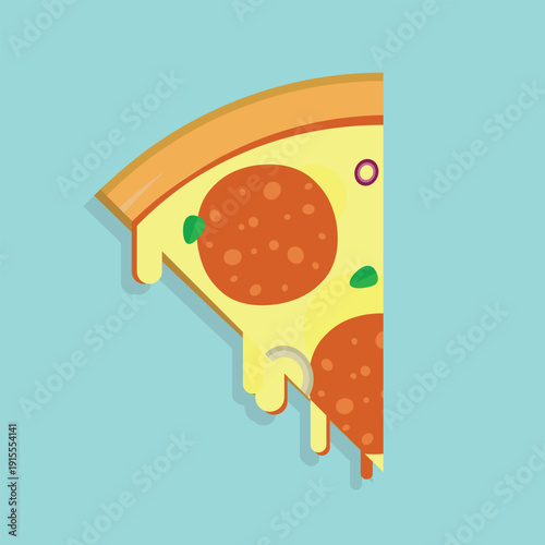 Flat Design Illustration of a Pepperoni Pizza Slice with Melting Mozzarella, Olives, Oregano, Onion Ring, and Tomato Sauce on a Light Blue Background. Vector Icon.
