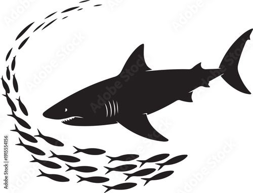 Shark hunting small fish in ocean, marine predator with prey school, underwater scene