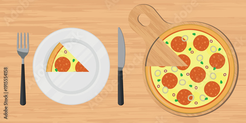 Flat Design Illustration of a Pepperoni Pizza with a Single Slice Served on a Plate, Knife, and Fork on a Wooden Table. Perfect for Menu or Food-Themed Projects.