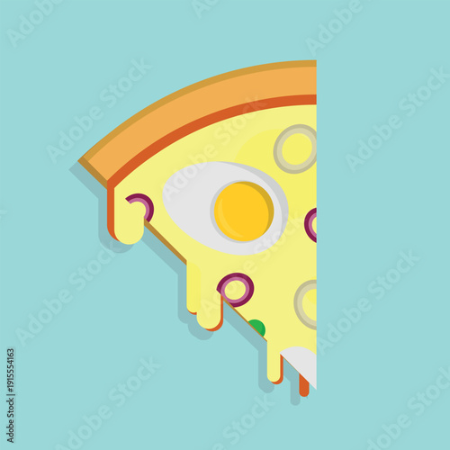 Flat Design Illustration of a Portuguese Pizza Slice with Melting Mozzarella, Boiled Egg, Pea, Onion Rings, and Tomato Sauce on a Light Blue Background. Vector Icon.