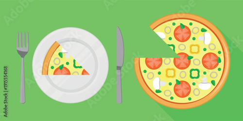 Flat Design Illustration of a Veggie Pizza with a Slice Served on a Plate, Knife, and Fork on a Green Background. Ideal for Vegetarian or Food Designs.