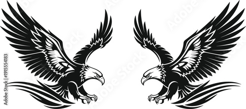 Twin eagle silhouettes, symmetrical flying eagles, aggressive bird emblem, tribal tattoo style, black vector illustration, isolated design for logo branding