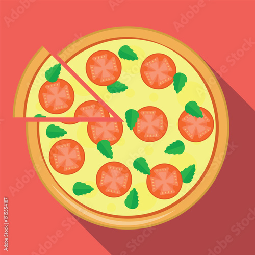 Illustration of a Margarita Pizza with Mozzarella, Tomato Slices, Basil, and Tomato Sauce. Ideal for Fast Food and Menu Designs. Flat Design, Vector.