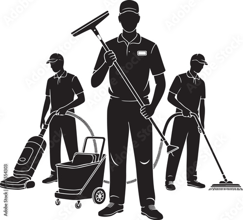 Professional cleaning service team silhouette with janitors holding equipment and vacuum cleaner
