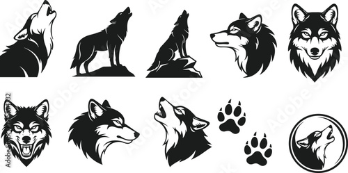 Wolf vector illustration set, black and white wolf silhouettes, howling wolf designs, wolf head profiles, paw prints, wildlife emblem artwork