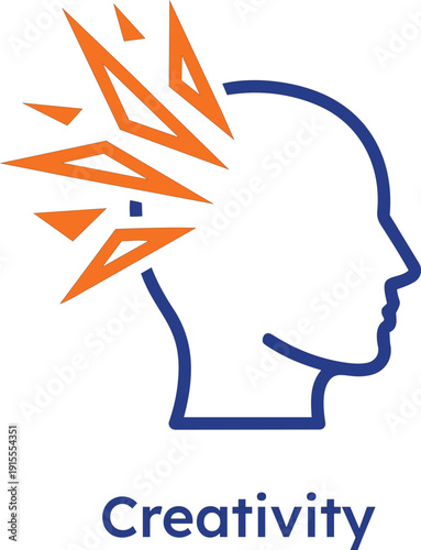 Professional vector icon featuring a blue human head silhouette with orange geometric shards radiating from the mind, representing explosive creativity, innovative brainstorming, and breakthrough idea